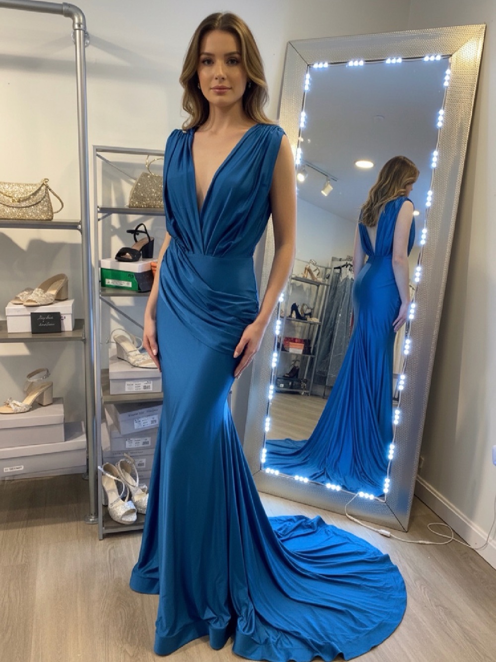 Sleek Teal V-Neck Draped Prom Gown